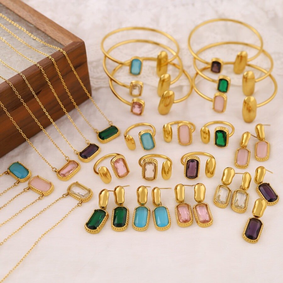 Square Ring Rainbow Zircon Necklace Set