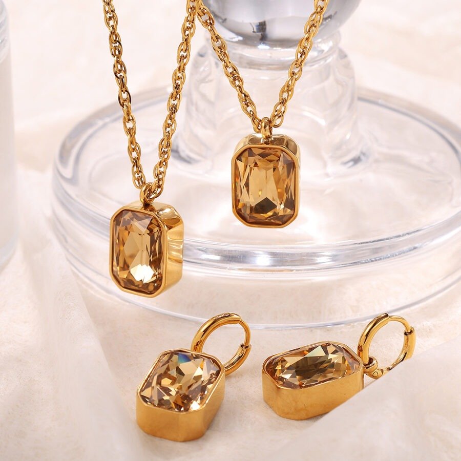 Cube Glass Stone Pendant Earrings Necklace