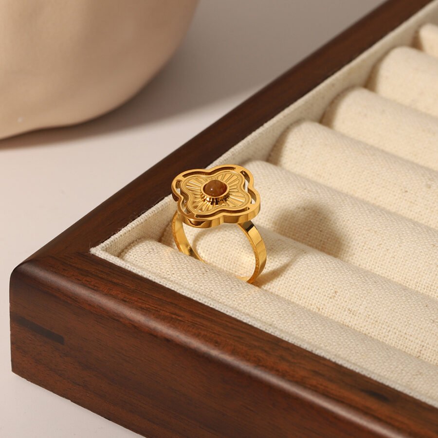 Natural Stone Tiger Stone Four-Leaf Flower Ring
